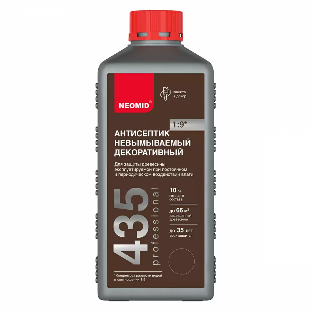 NEOMID 435 АНТИСЕПТИК невымываемый декоративный, защита до 35 лет, концентрат 1:9, орех (1л)