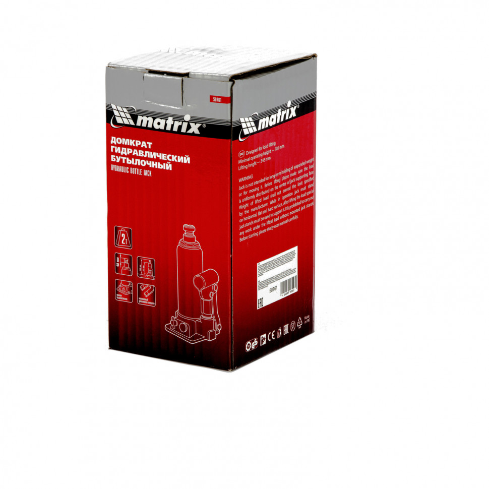 Домкрат гидравлический бутылочный, 2 т, h подъема 181-345 мм Matrix (50761)