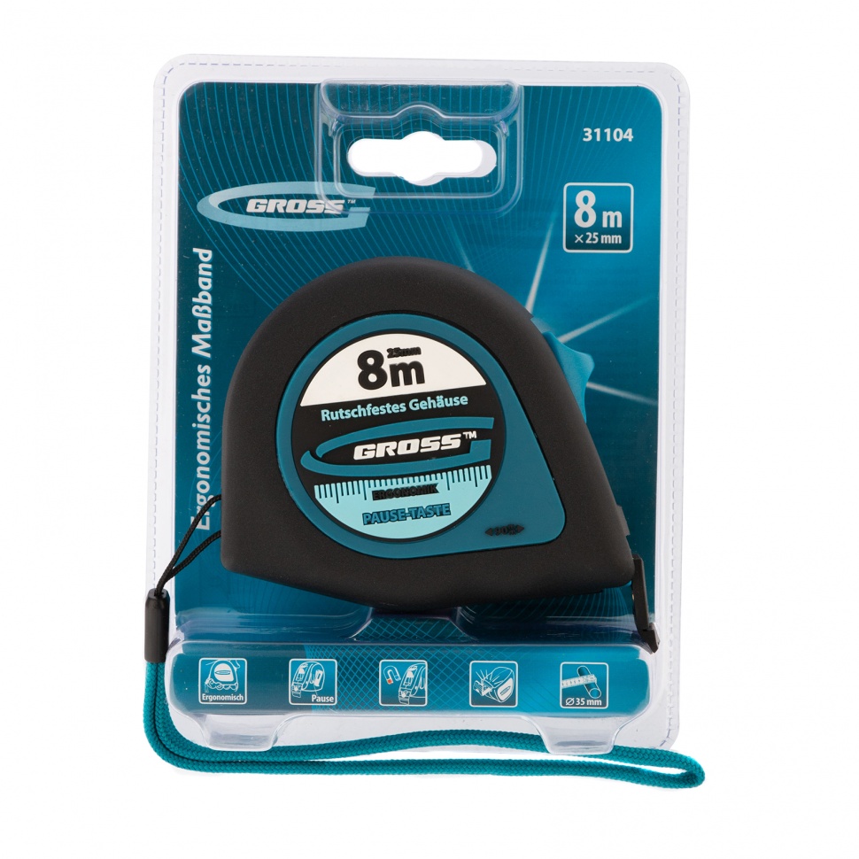 Рулетка "Ergonomisch", 8 м x 25 мм, магнитный обрезиненный зацеп Gross (31104)