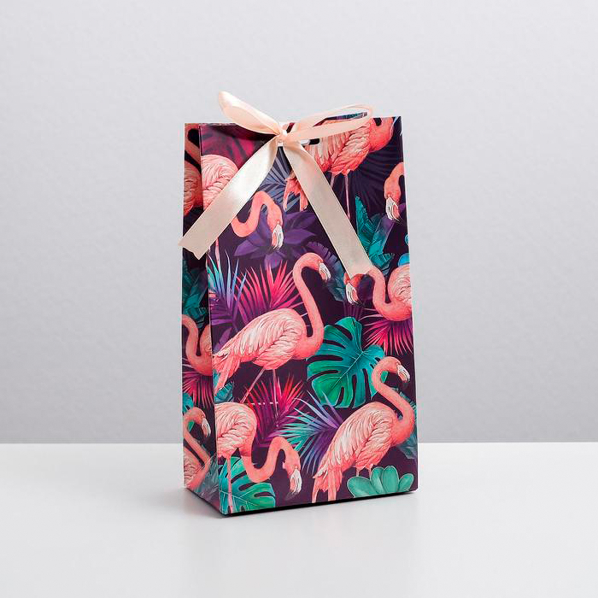 Пакет подарочный с лентой "фламинго" 13*23*7 см (1/600) "дарите счастье" 4753267