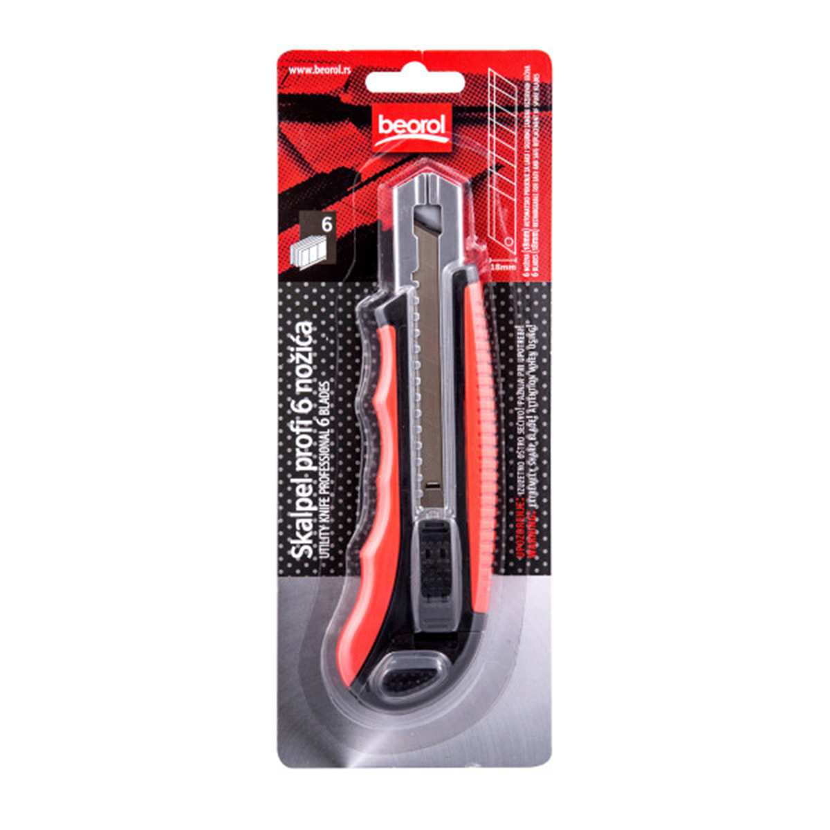 Нож пистолетный 18 мм двухкомп. корпус, 6 сменных лезвий (1/12/96) "beorol"