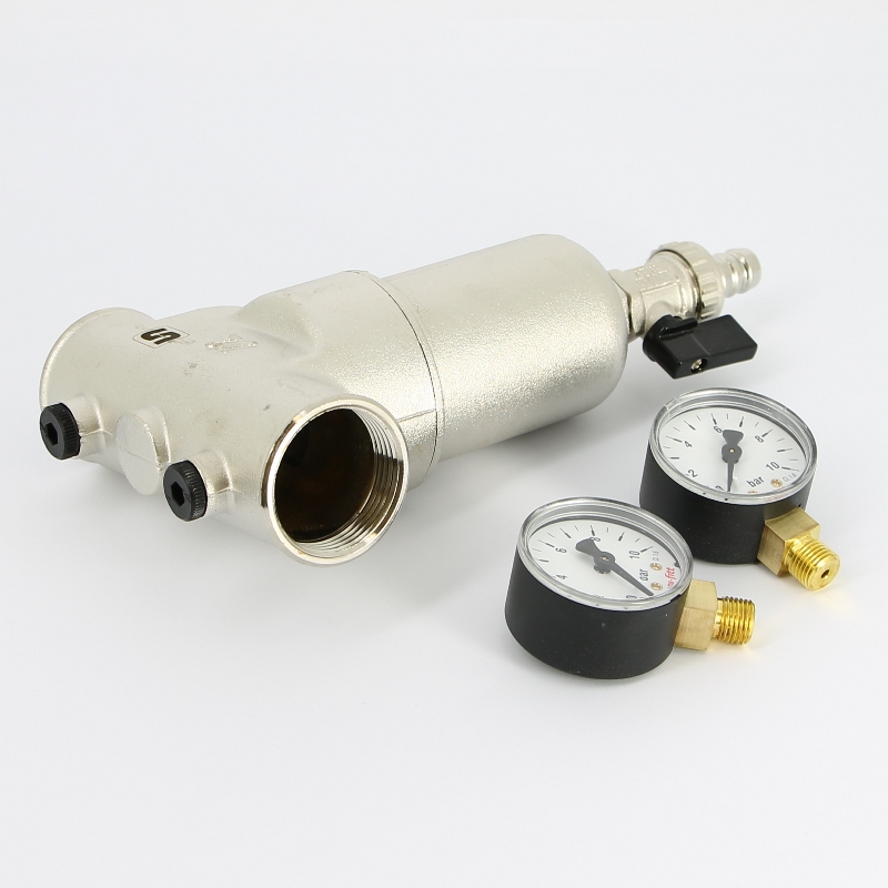 Фильтр магистральный промывной UNI-FITT 1" с двумя манометрами и сливным шаровым краном