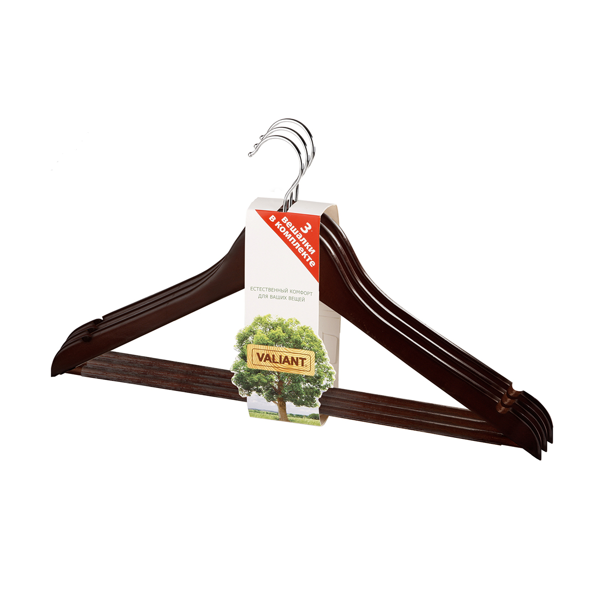 Вешалки для одежды дерев. с нескольз. перекладиной (3 шт.) коричн. (1/32) "valiant" br13001s