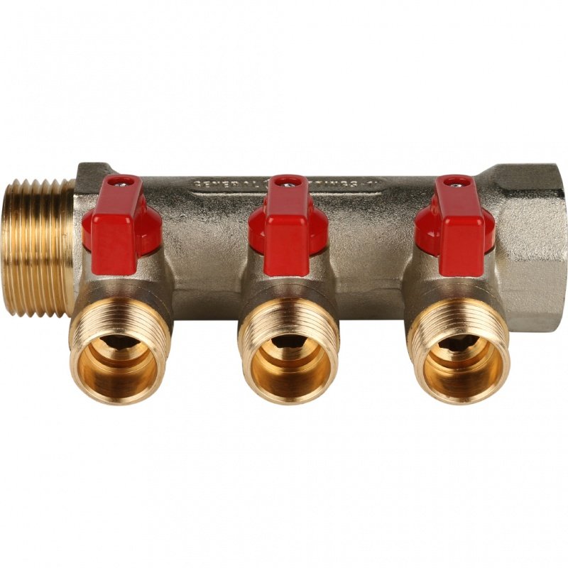 Коллектор с шаровыми кранами 1" STOUT 3 выхода 1/2", красные ручки