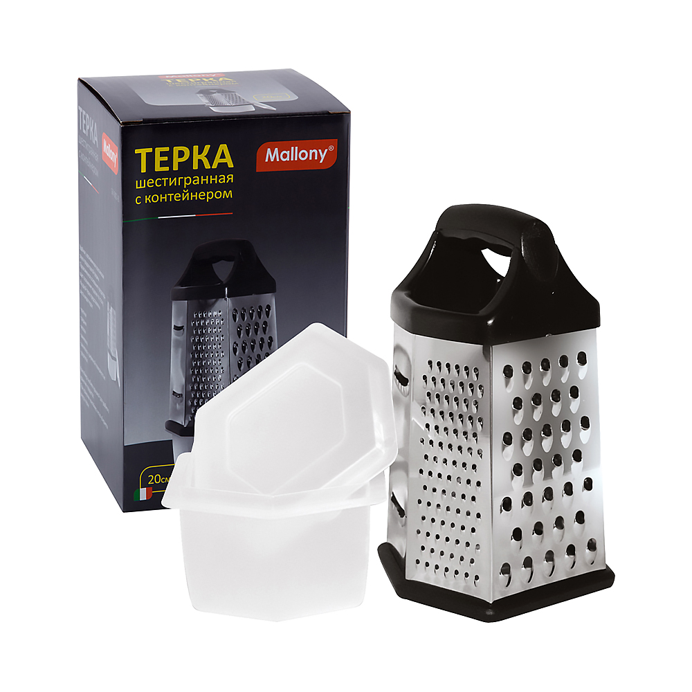 Терка нержав. 6-гранная 20 см с контейнером (1/12) "mallony" gr-002-8