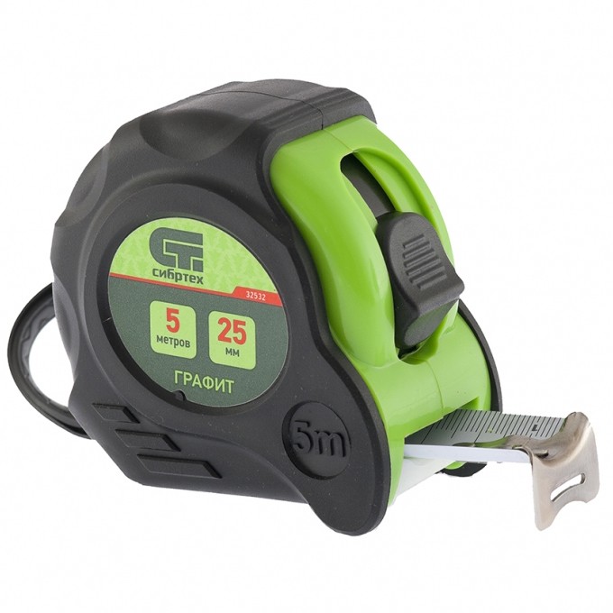 Рулетка Графит, обрезиненный корпус, амортизатор, 5 м х 25 мм Сибртех (32532)