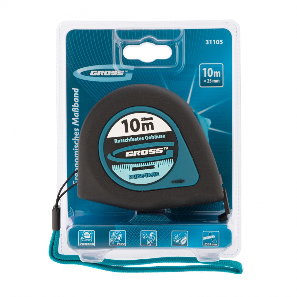 Рулетка "Ergonomisch", 10 м x 25 мм, магнитный обрезиненный зацеп Gross (31105)