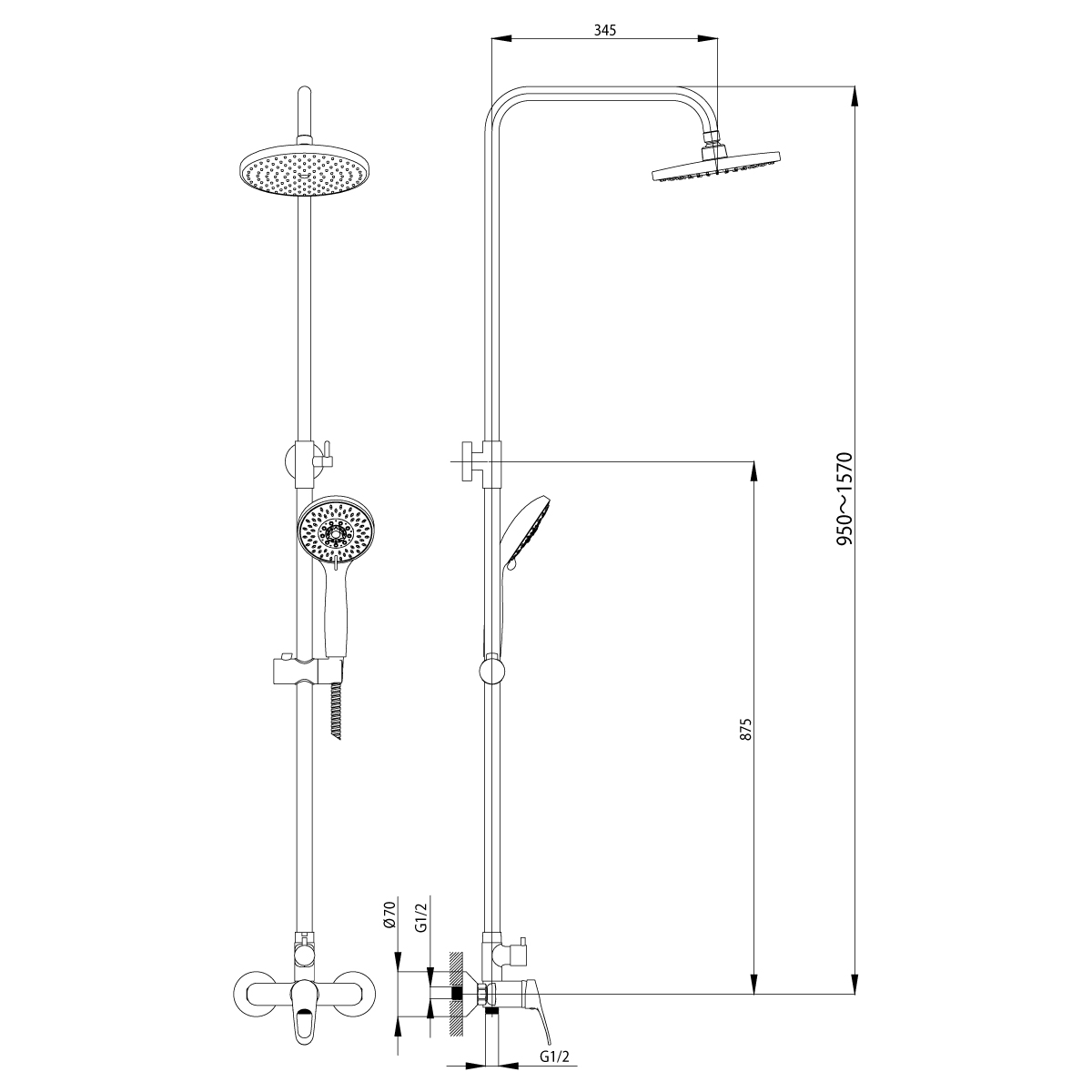 Душевая система  b35-45  лейка 3 реж., регулир.стойка, верх. душ "тропич. дождь" (1/4) "rossinka"