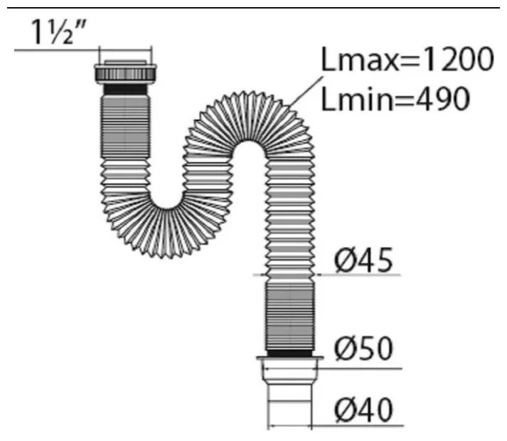 Сифон гофрированный Элит 1 1/2 х 50/40 мм без выпуска, L600 мм, с хомутом жёсткости WIRQUIN
