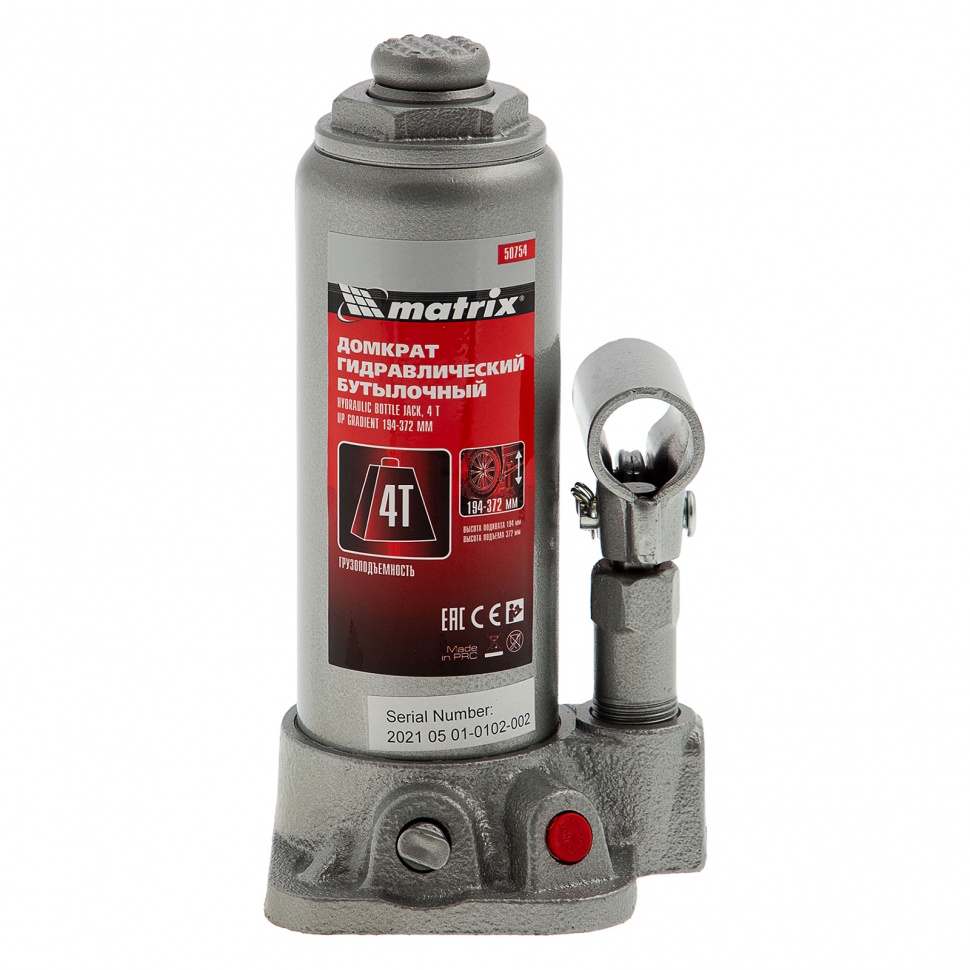 Домкрат гидравлический бутылочный, 4 т, высота подъема 194-372 мм, в пластиковый кейсе Matrix (50754)