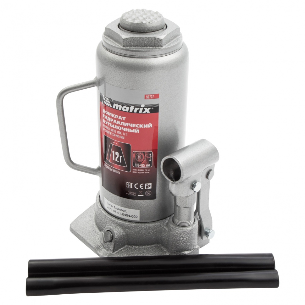 Домкрат гидравлический бутылочный, 12 т, высота подъема 230-465 мм Matrix (50727)