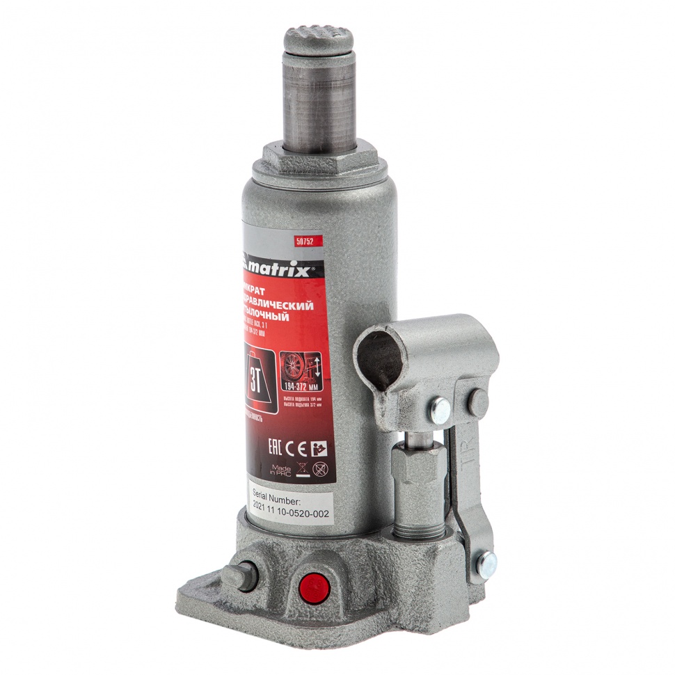Домкрат гидравлический бутылочный, 3 т, высота подъема 194-372 мм, в пластиковый кейсе Matrix (50752)