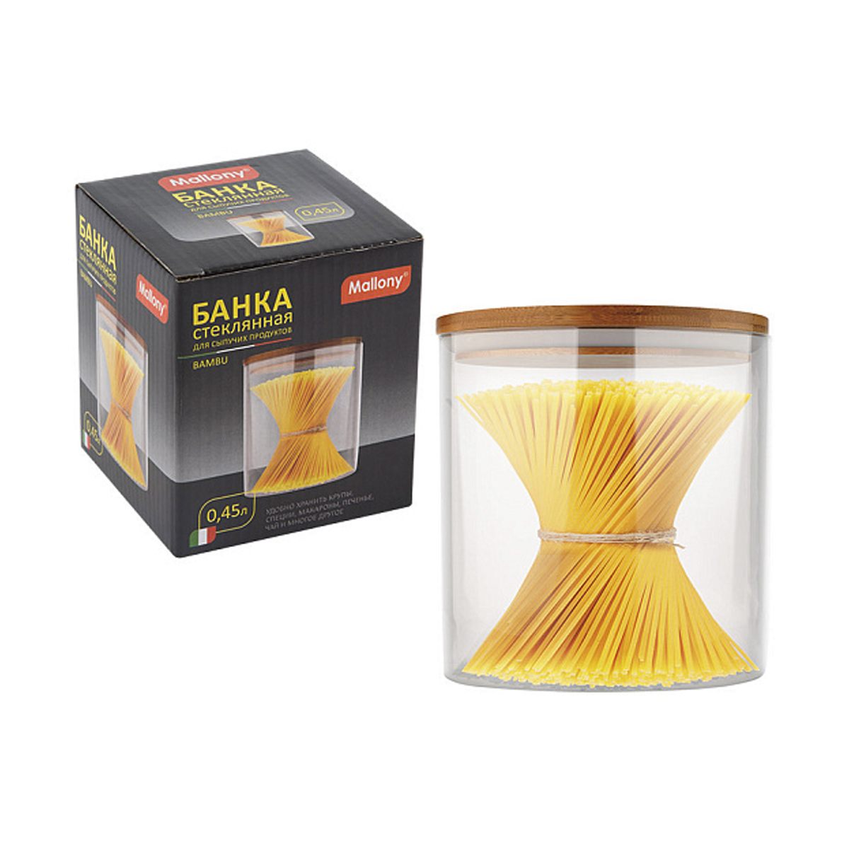 Банка для сыпучих продуктов "bambu" 0,45 л стекло, крышка бамбук (1/24) "mallony"