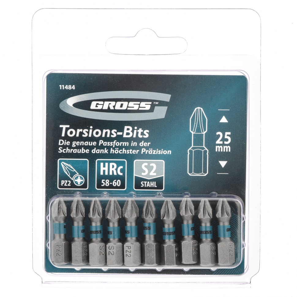 Набор бит торсионных PZ2 x 25 мм, для ударных шуруповертов, 10 шт. Gross (11484)