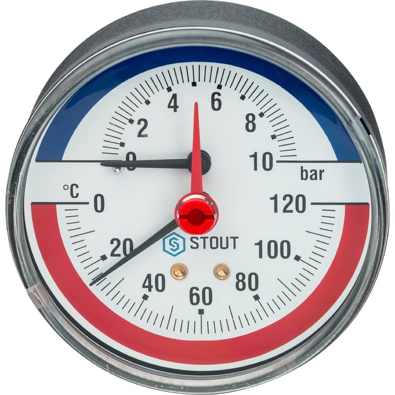 Термоманометр аксиальный d=80 мм, до 120'С, до 10 бар STOUT SIM-0005