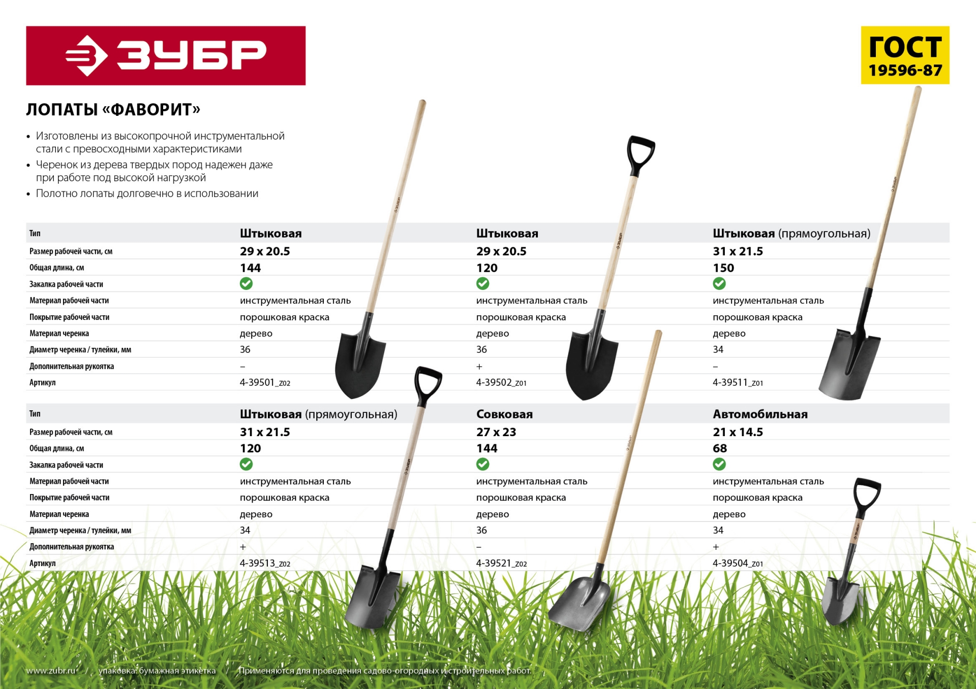 ЗУБР Фаворит, 310 х 215 х 1500 мм, полотно 1.7 мм закалено, дерев. лакир. черенок высш. сорт, штыковая прямоугольная лопата, Профессионал (4-39511)