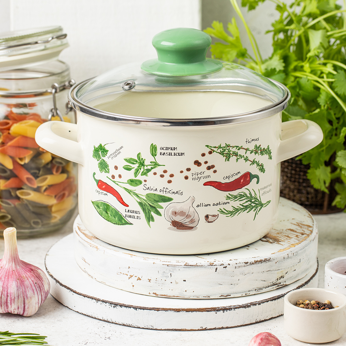 Кастрюля эмалиров. "специи" 3 л, 18 см стекл. крышка (1/4) "metrot"