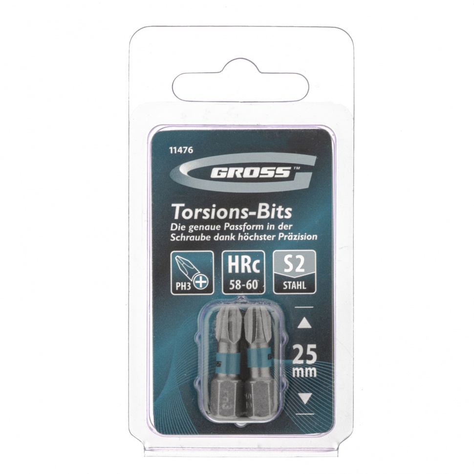 Набор бит торсионных PH3 x 25 мм, для ударных шуруповертов, 2 шт. Gross (11476)