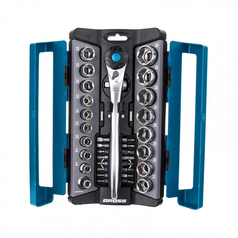 Набор торцевых головок, трещотка 120 зубьев, 36 предметов, 1/2", 3/8”, CrV Gross (14145)