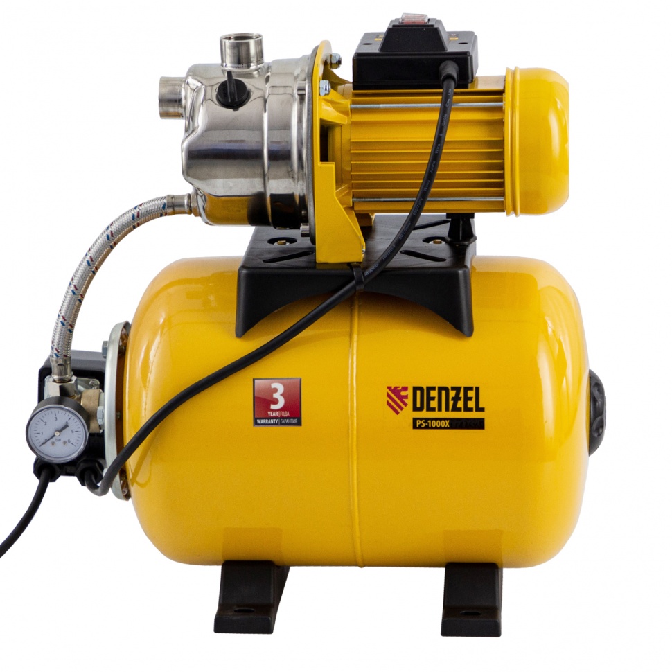 Насосная станция PS1000Х, 1000 Вт, 3500 л/ч, ресивер 24 л, подъем 44 м, нержавейка Denzel (97211)