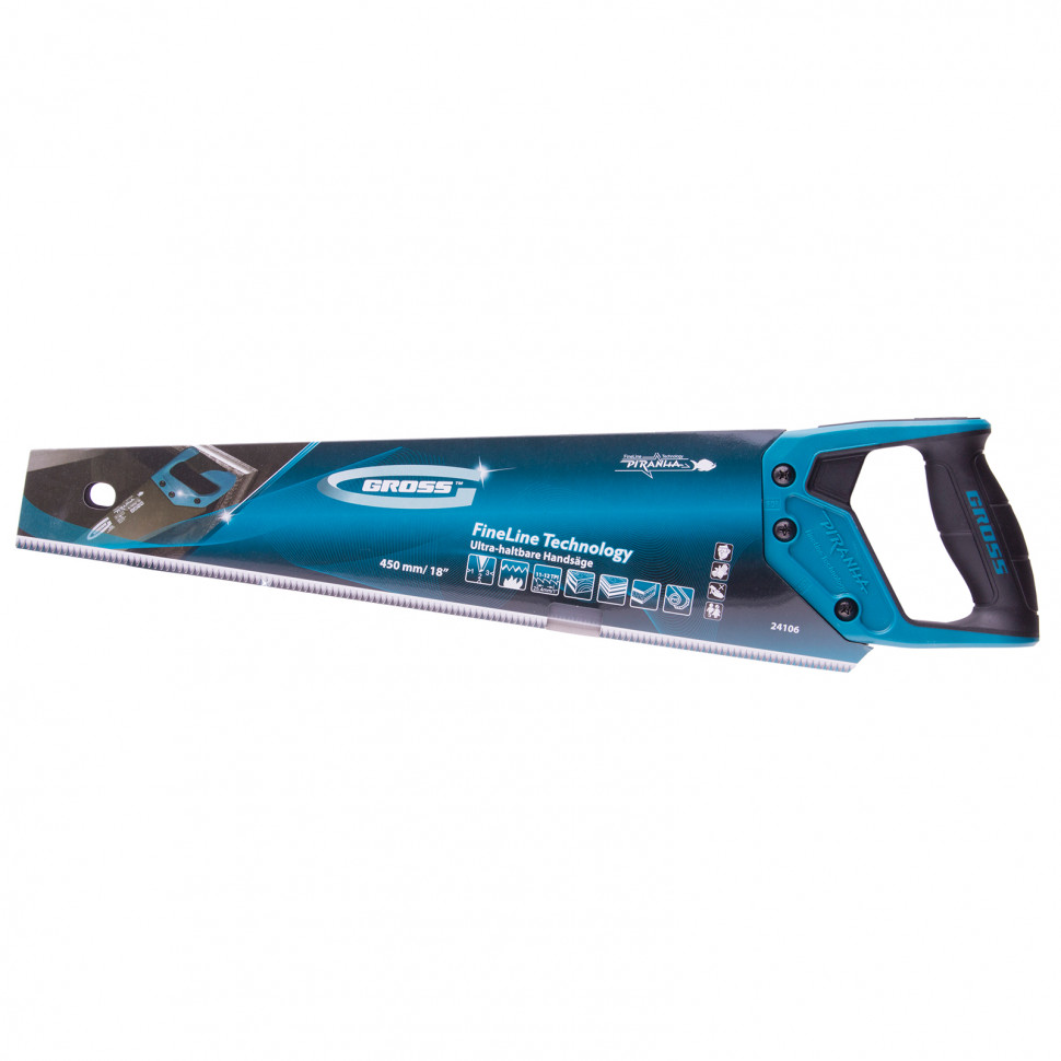 Ножовка по дереву "Piranha", 450 мм, 11-12 TPI, зуб-3D, каленый зуб, тефлоновое покрытие полотна, двухкомпонентная рукоятка Gross (24106)