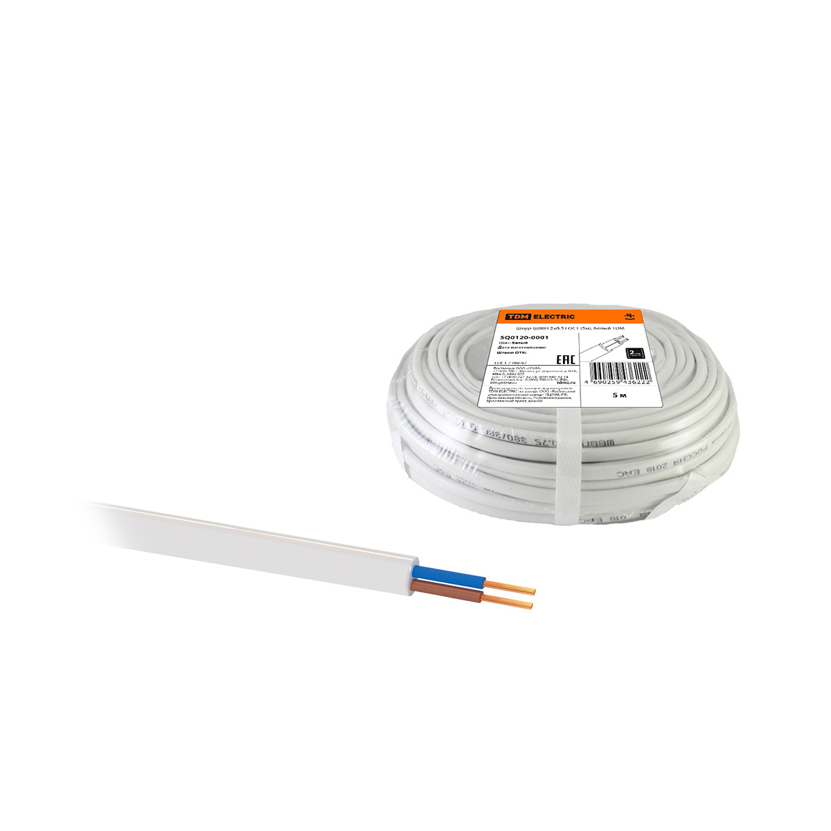 Шнур шввп 2 х 0,5 мм² гост (бухта  5 м) белый (1/20) tdm sq0120-0001