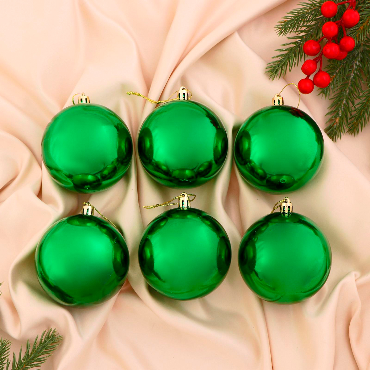 Шары новогодние d-8 см (набор 6 шт.) "глянец" зеленый "зимнее волшебство" 735677