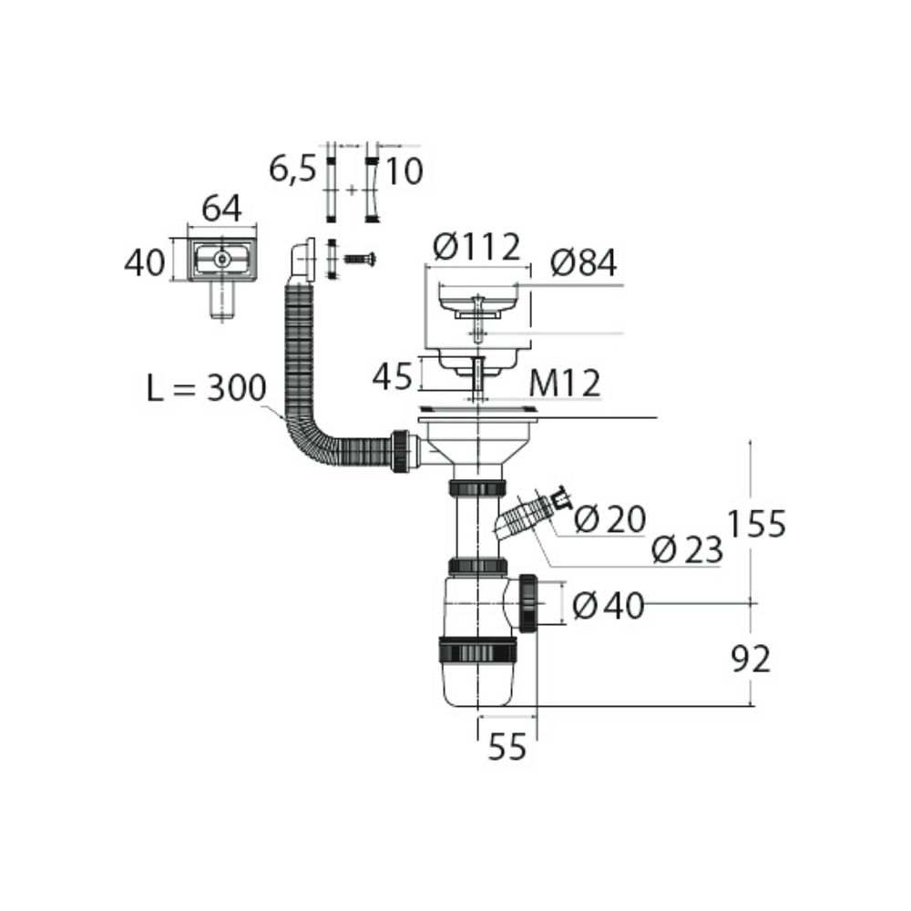 Сифон Элит 1 1/2 х 40 мм, нерж. чашка D114 мм, отводом и с прямоугольным переливом L300 мм WIRQUIN