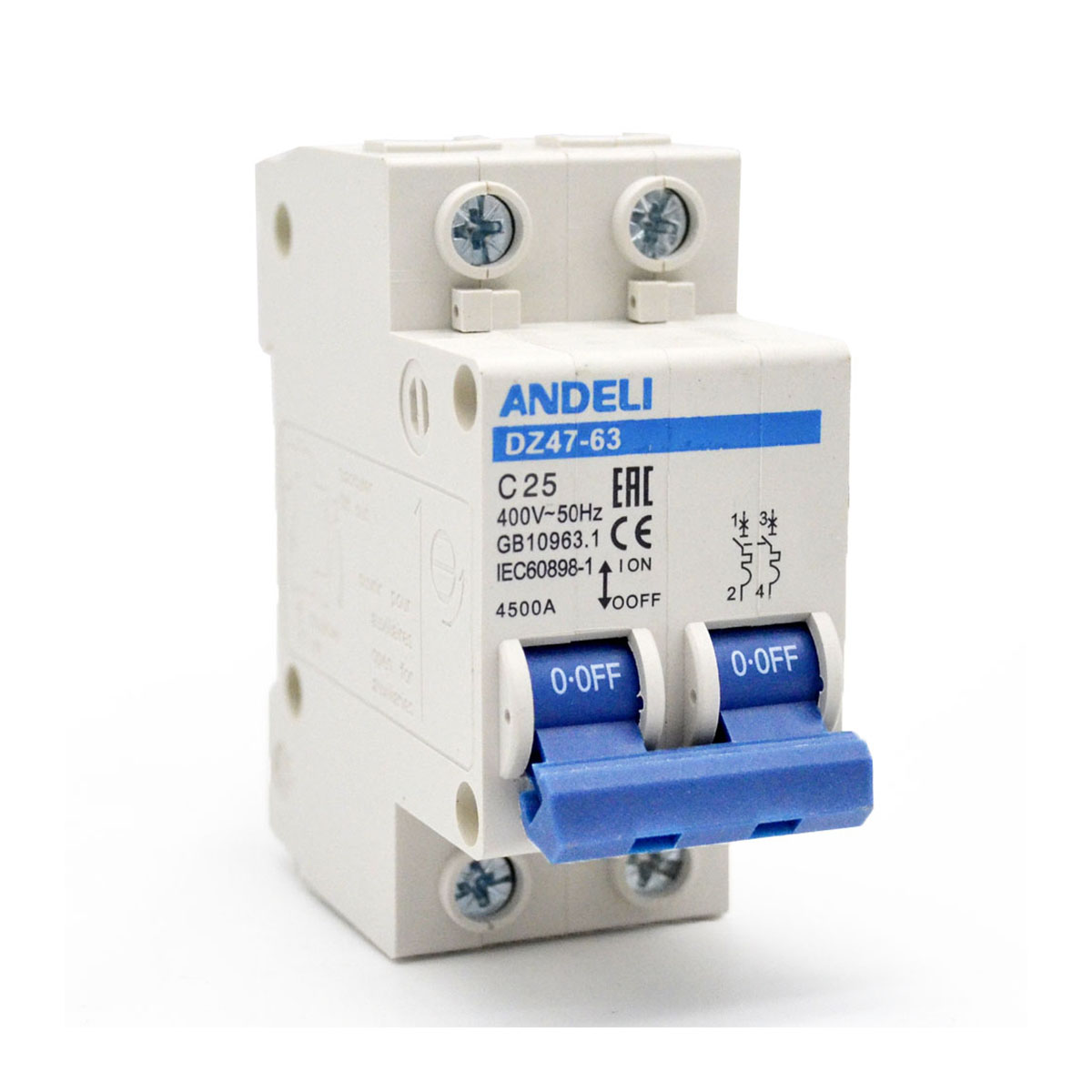 Выключатель автомат. dz47-63 2p 25a 4,5ka тип c (1/6/120) "andeli"