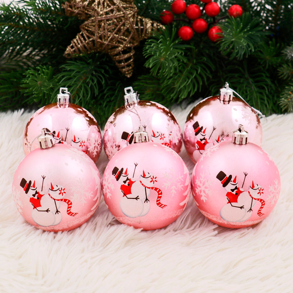 Шары новогодние d-7 см (набор 6 шт.) "веселый снеговик" розовый "зимнее волшебство" 2122960
