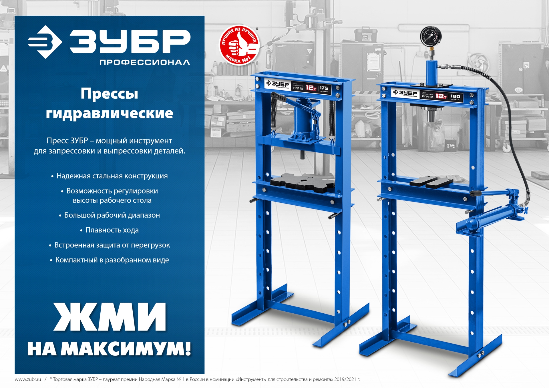 ЗУБР ПГД-12, 12 т, гидравлический пресс с домкратом и возвратными пружинами, Профессионал (43070-12)