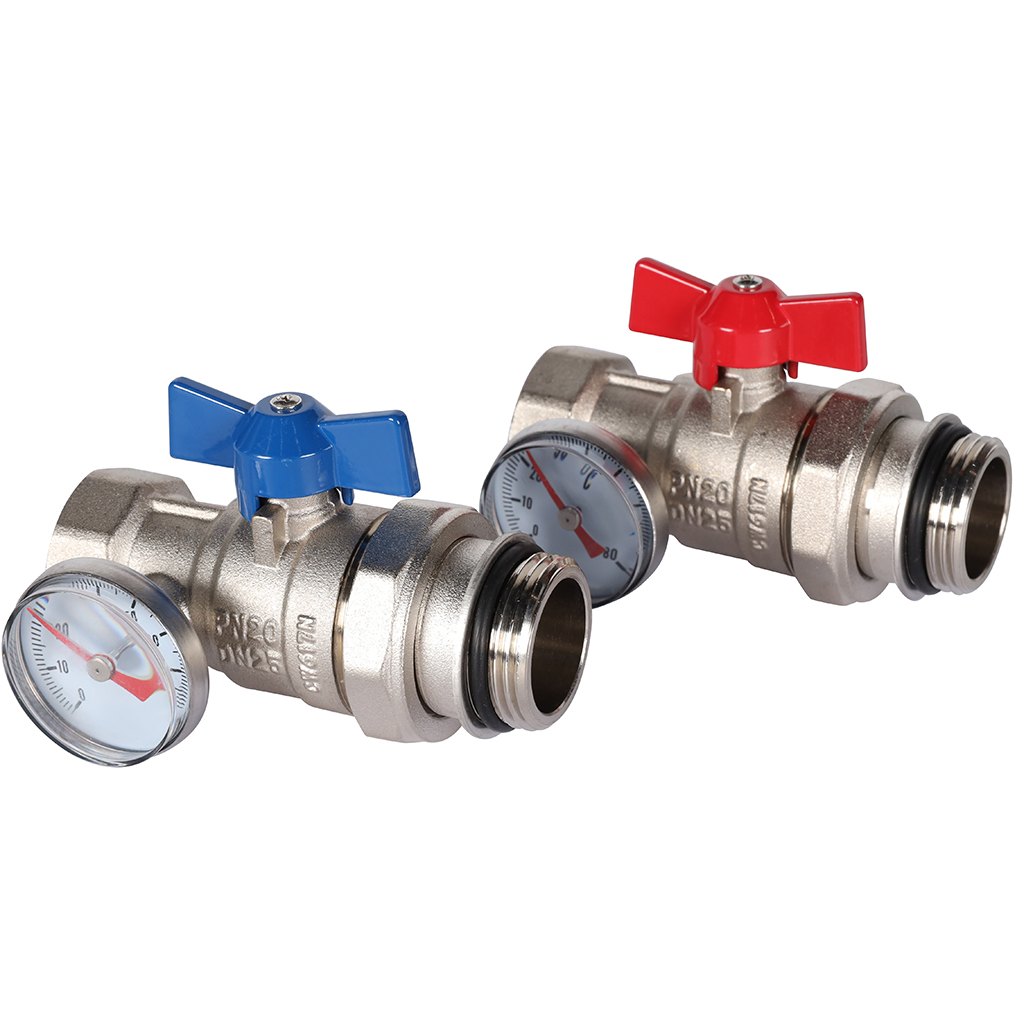 Комплект кранов с термометрами 1" ВН с разъёмным соединением для коллекторной группы (2шт) ROMMER