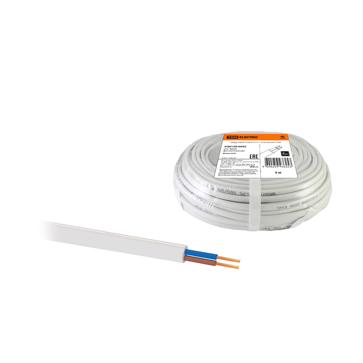Шнур шввп 2 х 0,75 мм² гост (бухта  5 м) белый (1/20) tdm sq0120-0002
