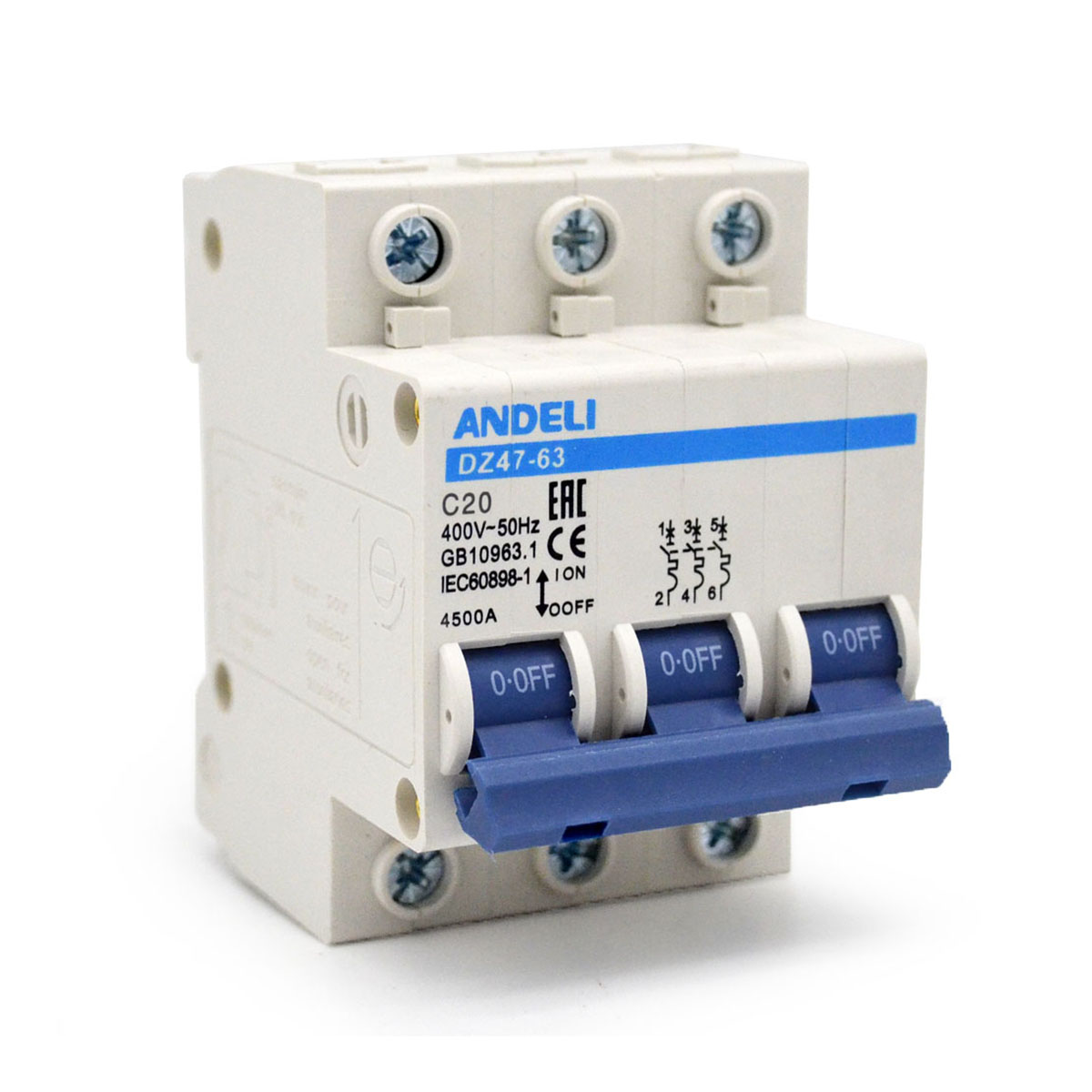 Выключатель автомат. dz47-63 3p 20a 4,5ka тип c (1/4/80) "andeli"