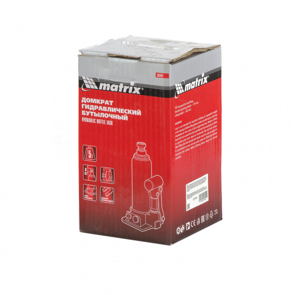 Домкрат гидравлический бутылочный, 5 т, h подъема 197-382 мм Matrix (50764)