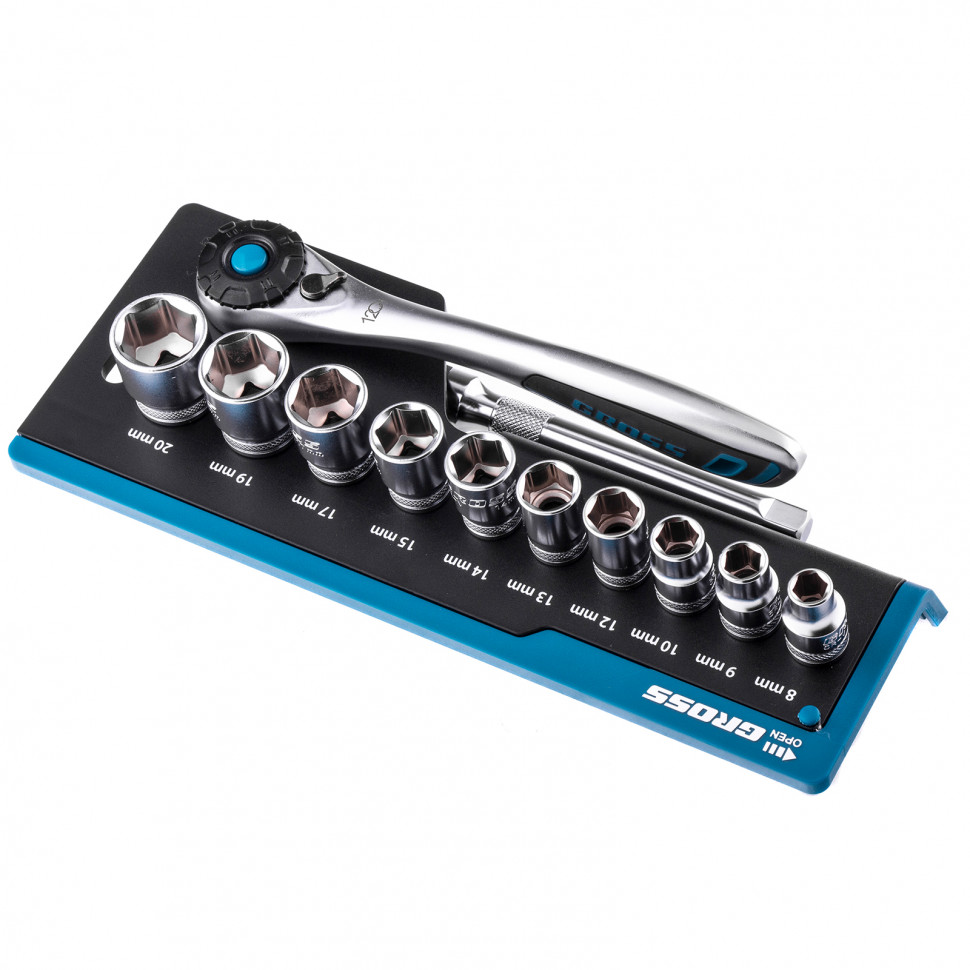 Набор торцевых головок, трещотка 120 зубьев, 12 предметов, 3/8", CrV Gross (14139)