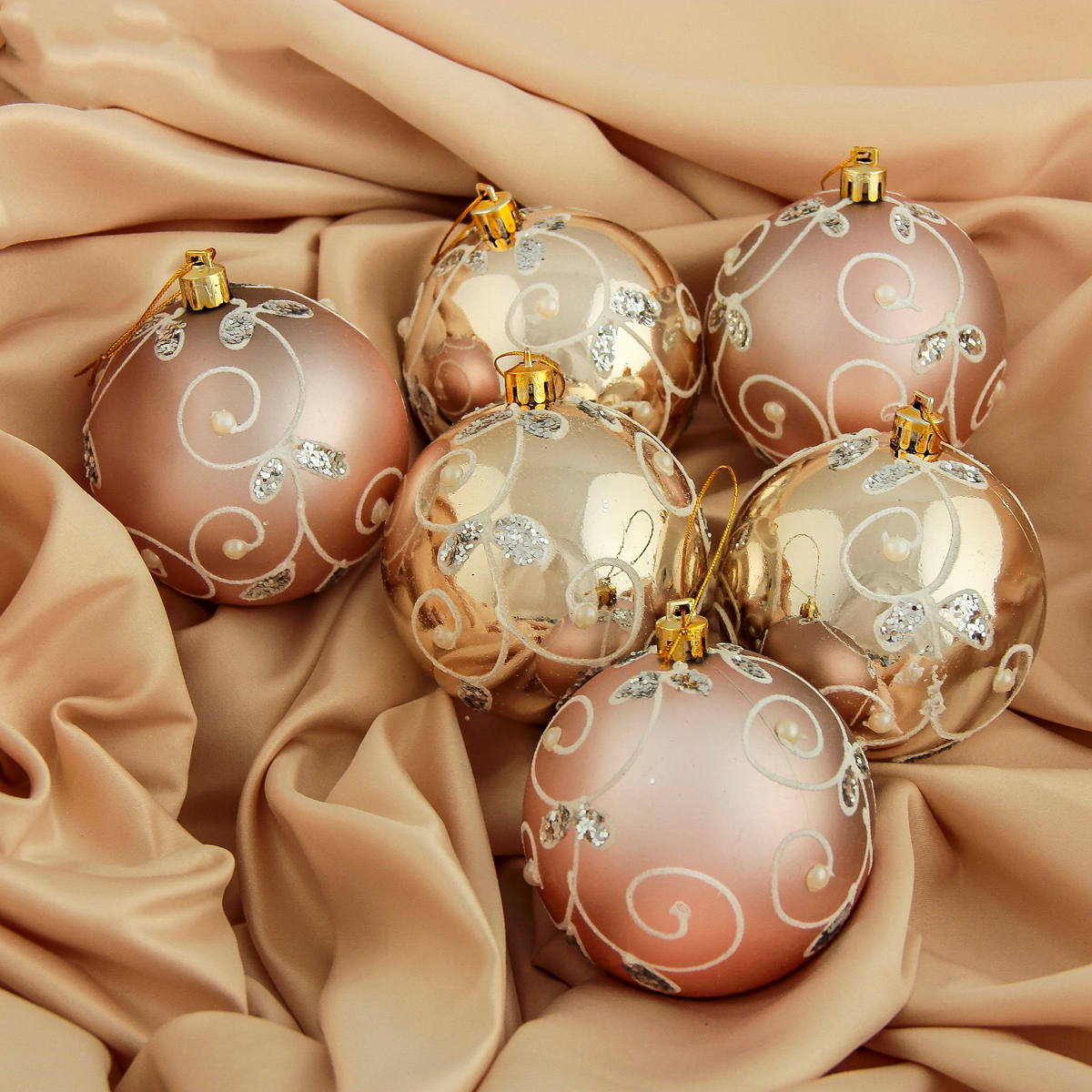 Шары новогодние d-8 см (набор 6 шт.) "жемчужная веточка" розовый и золото 3249244