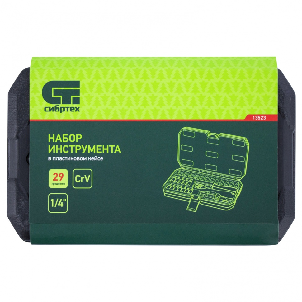 Набор инструментов 29 предметов, CrV, 1/4" Сибртех (13523)
