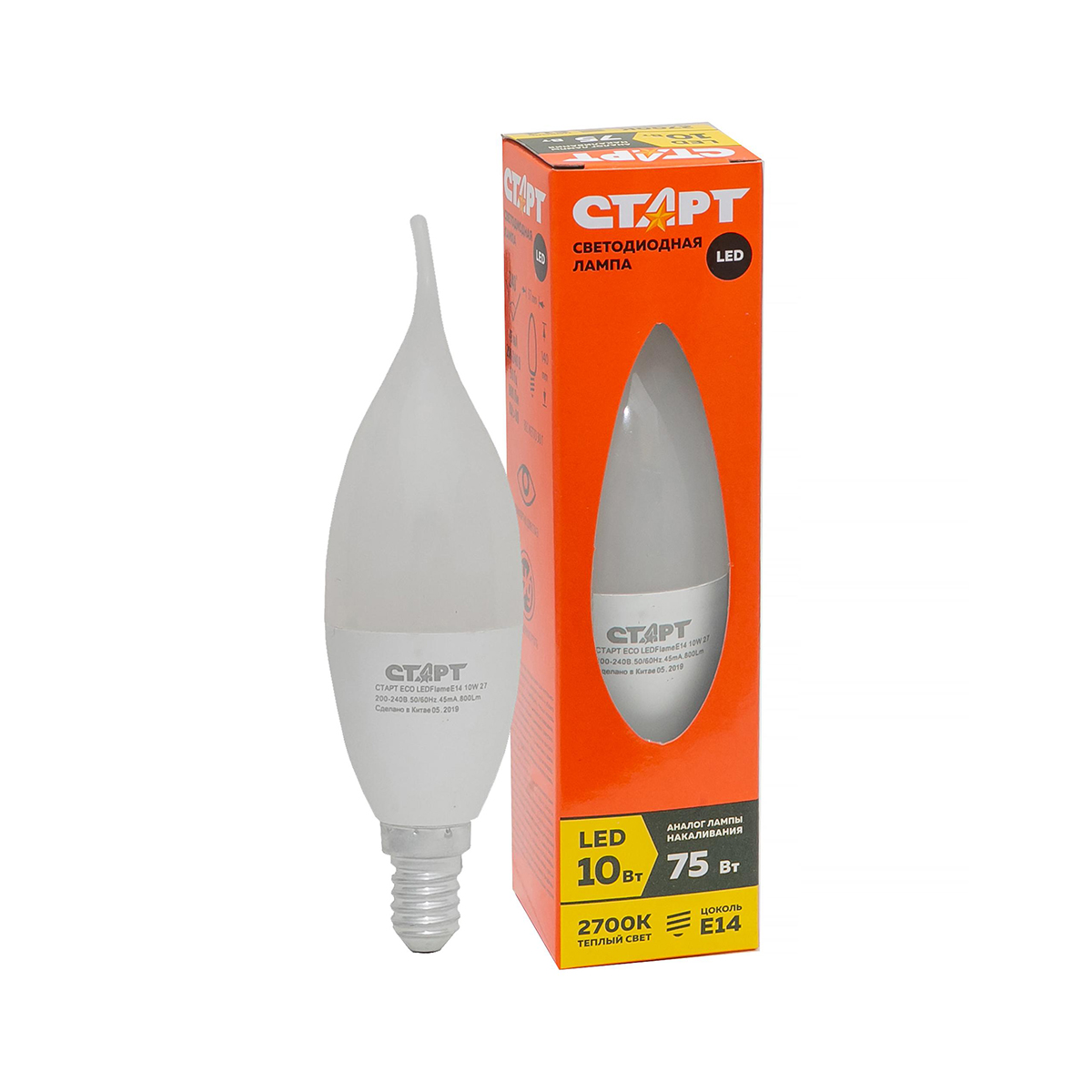 Лампа светодиодная "старт эко" свеча на ветру 10w 2700 к  e14, тепл. свет (10/100)