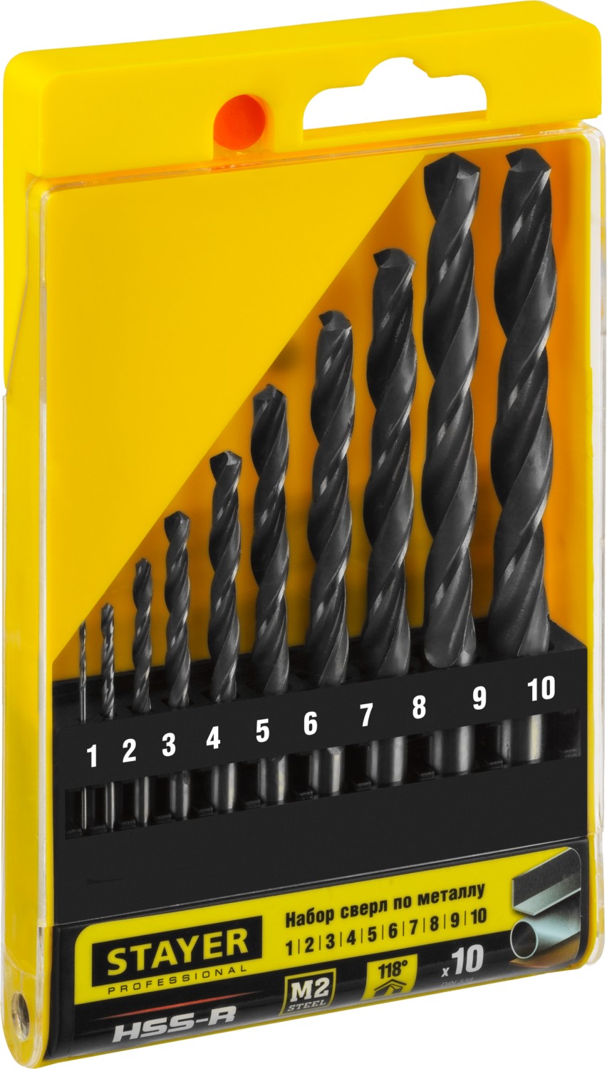 STAYER HSS-R, 10 шт, (1-10 мм), быстрорежущая сталь P6M5, класс В, набор сверл по металлу, Professional (29602-H10)
