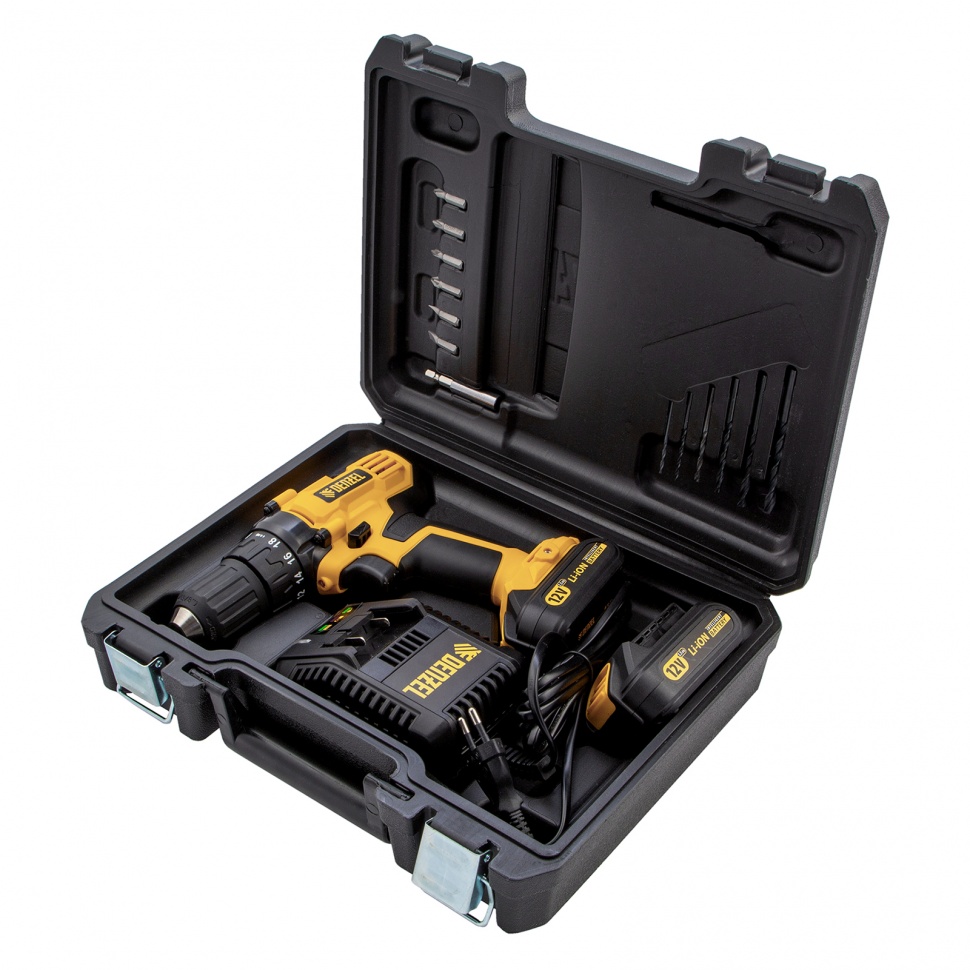 Дрель-шуруповерт аккумуляторная CDL-IB-12-02, Li-Ion, 12 В, 1.5 А*ч, 2 аккумулятора Denzel (26111)