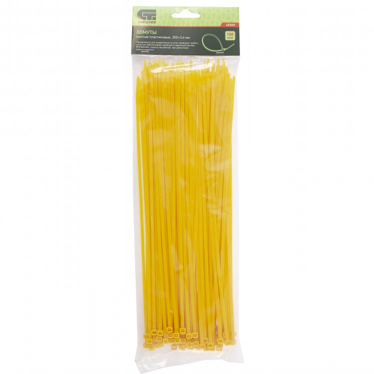 Хомуты, 300 x 3.6 мм, пластиковые, желтые, 100 шт Сибртех (45509)