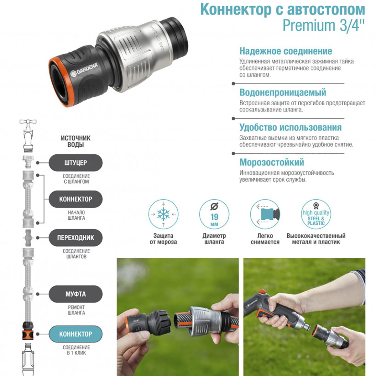 Коннектор для шлангов 3/4” c автостопом  "premium" (1/12) "gardena" 18254-20.000.00