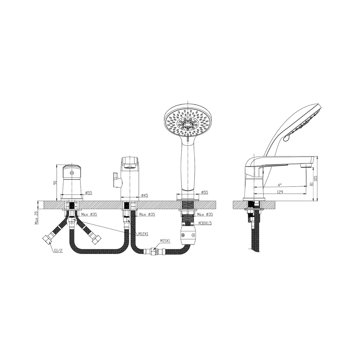 Смеситель для ванн  s35-39  (встраиваемый) на 3 отверстия  (1/8) "rossinka"