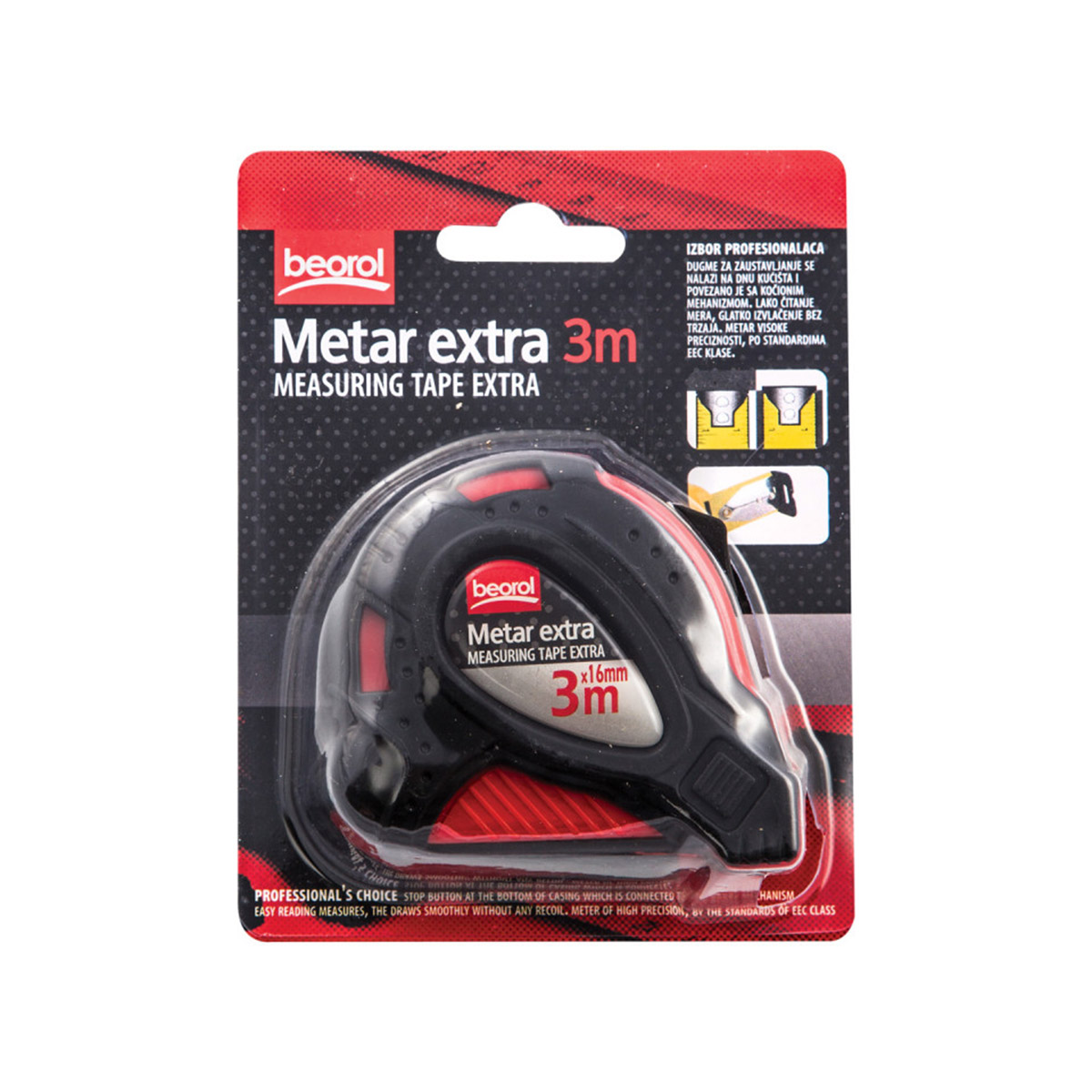 Рулетка с автостопом "extra" 3 м/16 мм обрезин.корпус (1/6/96) "beorol"