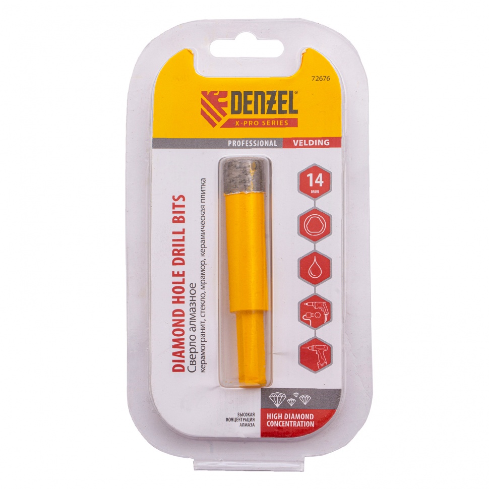 Сверло алмазное по керамограниту, 14 мм, мокрая резка, трехгранный хвостовик Denzel (72676)