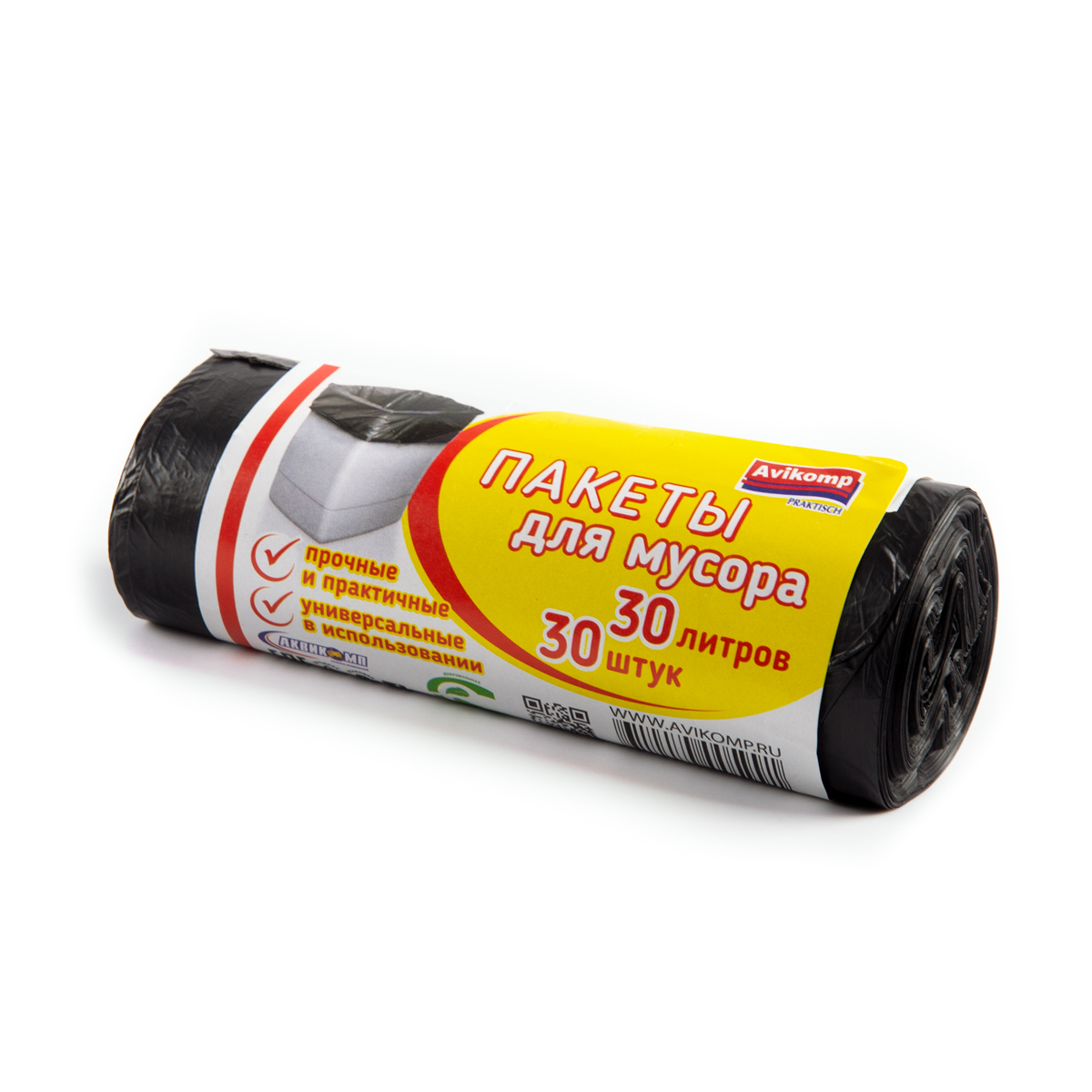 Пакеты для мусора "praktisch"  30 л, рулон 30 шт. (черные) 7 мкм (1/50) "avikomp"