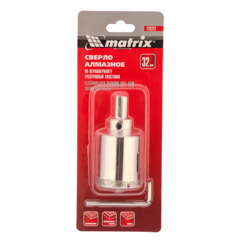 Сверло алмазное по керамограниту, 32 х 67 мм, трехгранный хвостовик Matrix (726323)