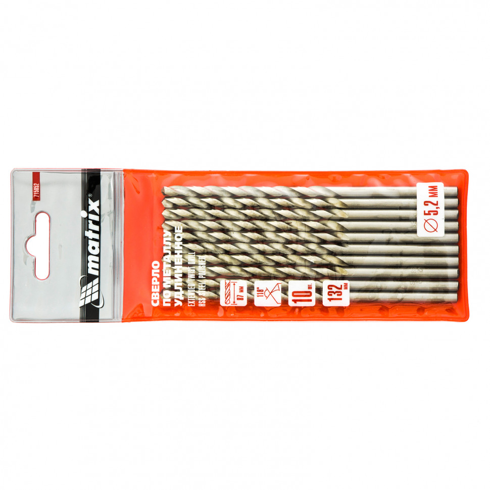 Сверло по металлу, 5.2 х 132 мм, полированное, удл, HSS, 10 шт, цилиндрический хвостовик Matrix (715052)