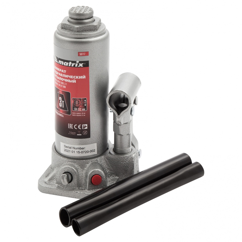 Домкрат гидравлический бутылочный, 3 т, высота подъема 194-372 мм Matrix (50717)